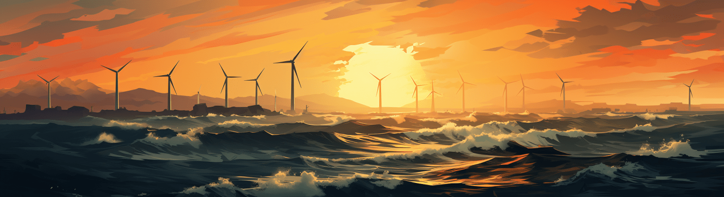 wind turbines with the sun setting over them, in the style of light-filled seascapes, light orange and green